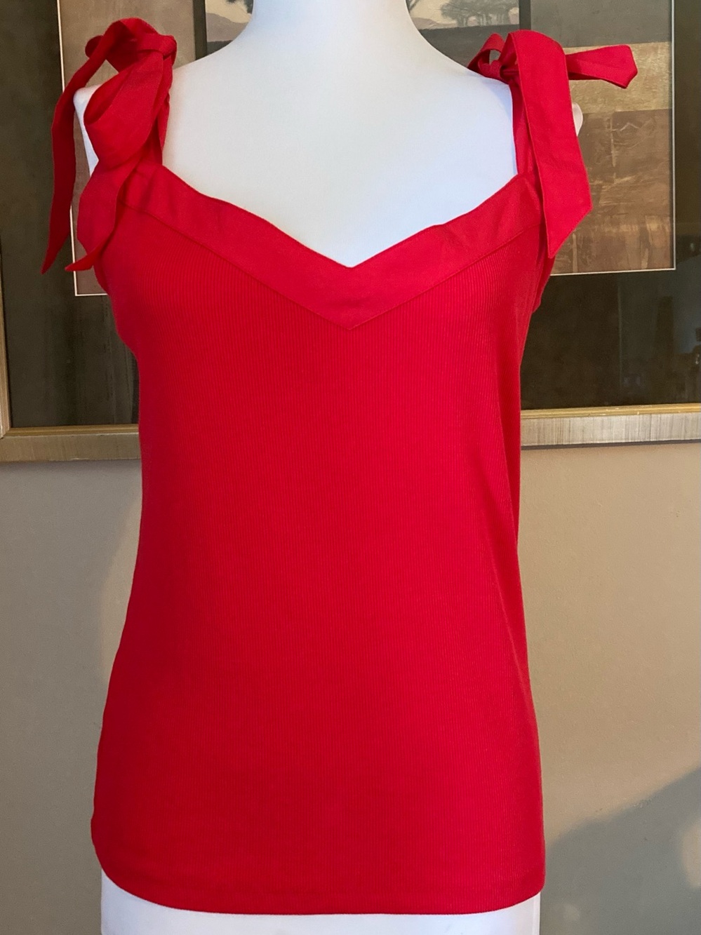 NWT LOFT Red Tie-Shoulder Camisole Tank Soft Ribbed Sz Medium V Neck